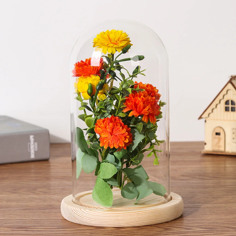 Dry Flower Glass Dust Cover with Wooden Base Immortal Flower Display Stand Clear Glass Vase Glass Cloche Plant Bottle Home Decor