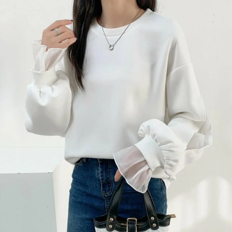 

2024 New Spring Wear Women's Perspective Mesh Spliced Raglan Sleeves Solid Color Loose Fake Two Piece Top 3 Colors