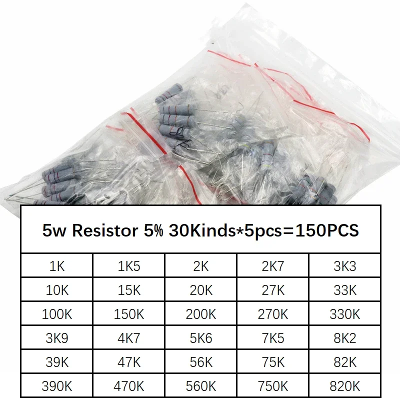 150pcs/lot 5W Power Carbon Film Resistor Kit Assortment Set 1K ohm-820K ohm 5% Resistance Pack 100K 10K 33K 47K 470K Resistors 20pcs lot carbon film resistor 3w 5% 1r 1m 2 2r 4 7r 10r 33r 36r 47r 1k 4 7k 4k7 100k 1m 10 22 33 47ohm oxide film resistance