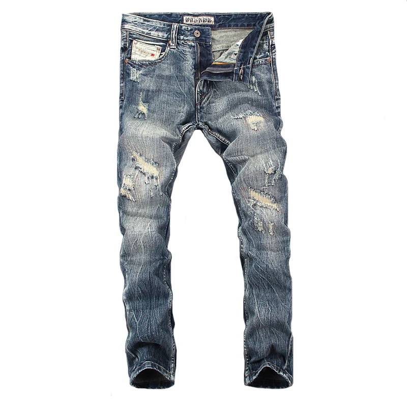 Streetwear Fashion Men Jeans Retro Wash Slim Fit Destroyed Ripped Jeans Men Hole Trousers Patched Vintage Designer Pants Hombre 2