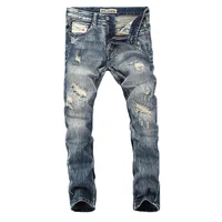 Streetwear Fashion Men Jeans Retro Wash Slim Fit Destroyed Ripped Jeans Men Hole Trousers Patched Vintage Designer Pants Hombre 2