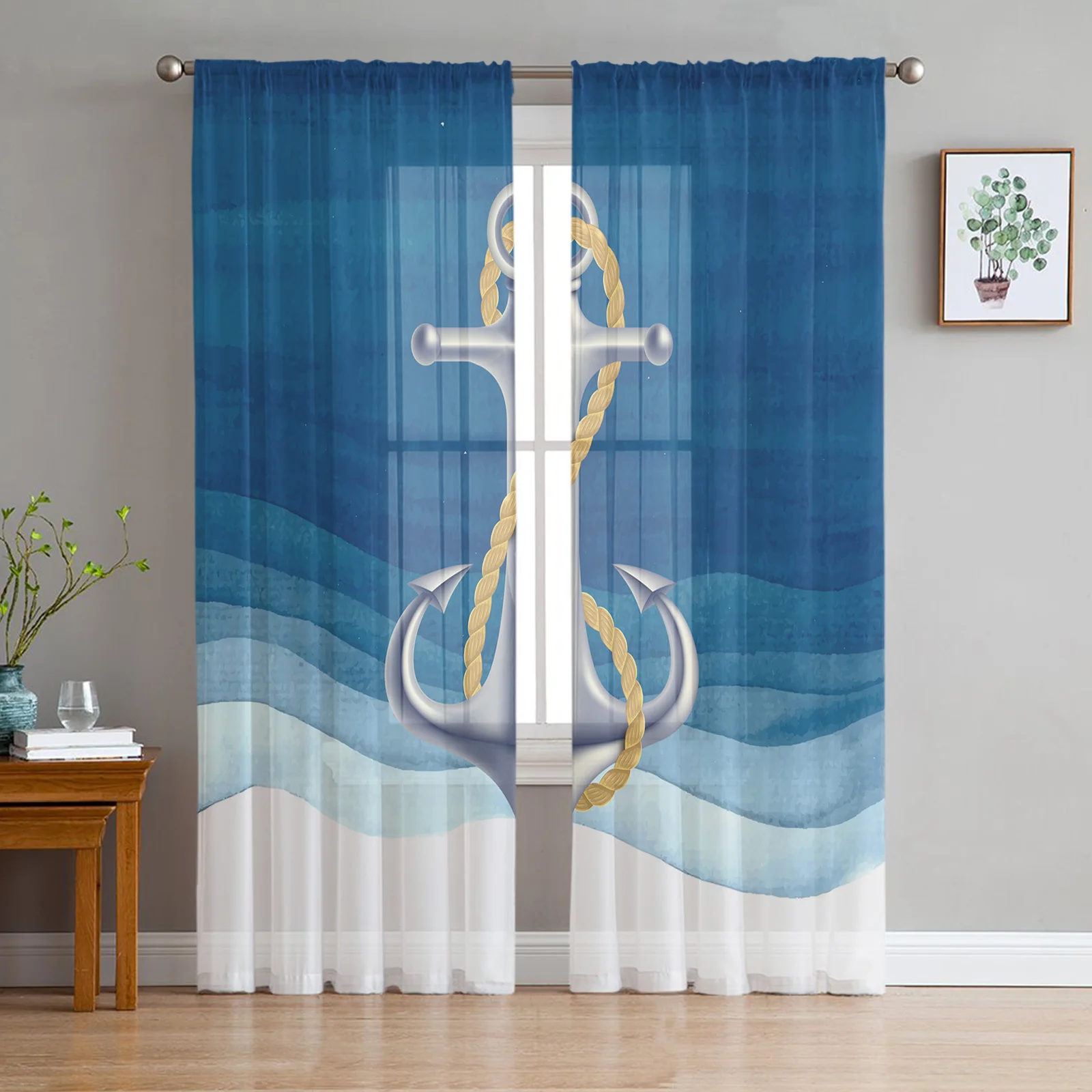 

Blue Ocean Anchor Nautical Tulle Curtains For Living Room Kitchen Decoration Chiffon Window Treatments Voile Sheer Curtain