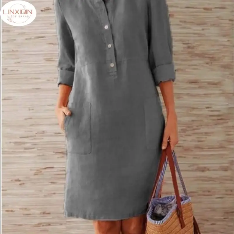 

2024 Casual Solid Color Cotton Linen Women Long Sleeve Tunic Kaftan Dress Length Vestidos Autumn Dresses Clothing