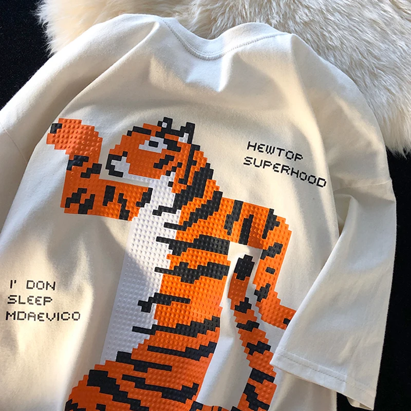 

American Pixel Tiger Short-sleeved Cotton T-shirt Women's 2023 New Summer Y2K High Street Casual Loose Couple T-shirt Woman Top