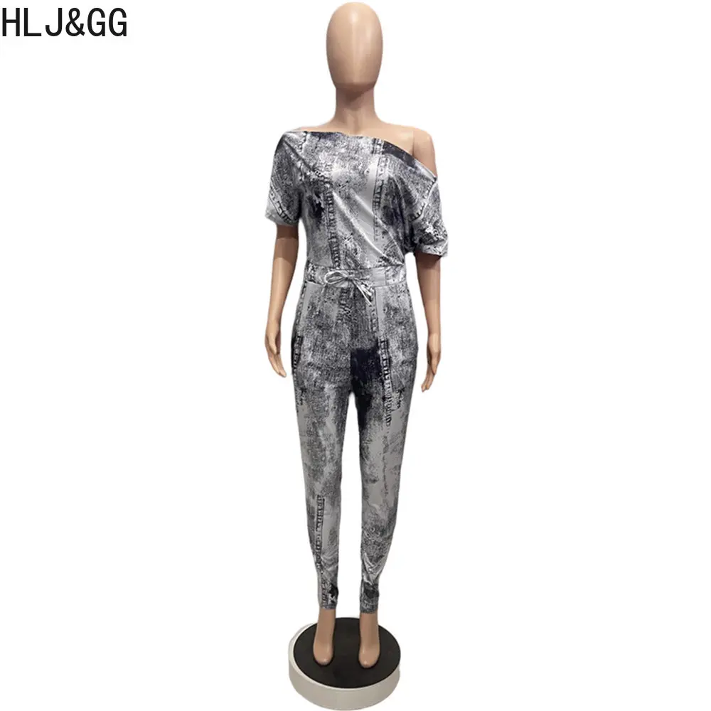 HLJ&GG Fashion One Shoulder Printing Jumpsuits Women Short Sleeve Drawstring One Piece Playsuits Casual Female Home Clothes 2023