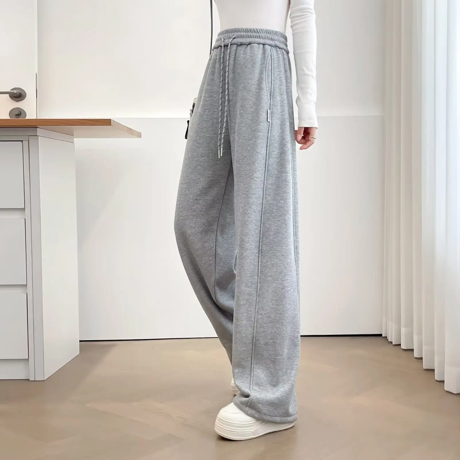 XXXXL Fashion Plus Size Women's Wide Leg Pants Winter Style Simple Casual Fleece And Thickened Banana Straight Trousers 2566