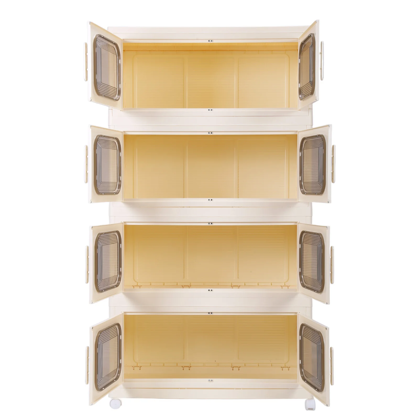 4 Pack Foldable Storage Box with Wheels and Magnetic Doors Plastic Storage Bins Wardrobe Organizer and Pantry for Home