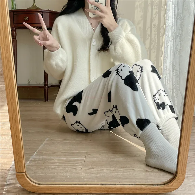 2023 Nouveau Sanrio Hello Kitty Pyjama Noir Rose Anime Flanelle Femmes  Chaud Laine Blancdessin animé Casual Pantalon À La Maison Pantalon De Mode  D'automne