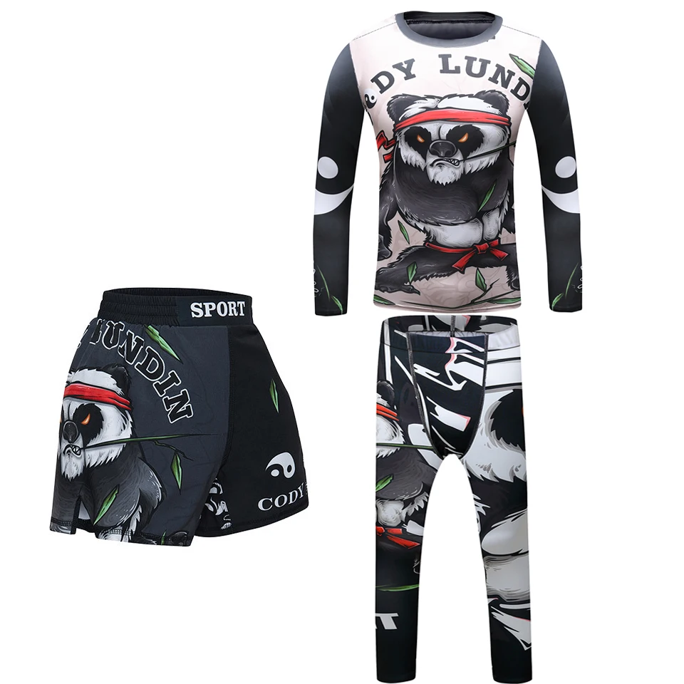 New Kid's Sports BJJ Boxing MMA T-shirt+Shorts Rashguard For Children Shirts 3D Kickboxing Rash Guard Compression Gym Sportswear