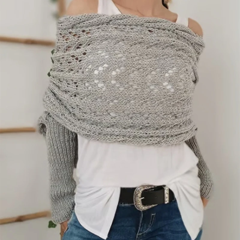 Multifunctional Scarf with Sleeves for Women Winter Shawl Wrap with Sleeve Solid Color Knitted Wrap Scarf Shawl Cape with Sleeve 1