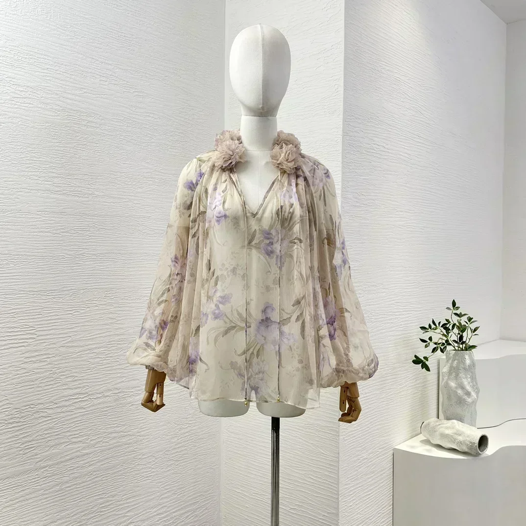 Appliques 2024 Women New Collection High Quality Floral Print Lantern Sleeve Pure Silk Blouse and Belted Linen Shorts Sets 4