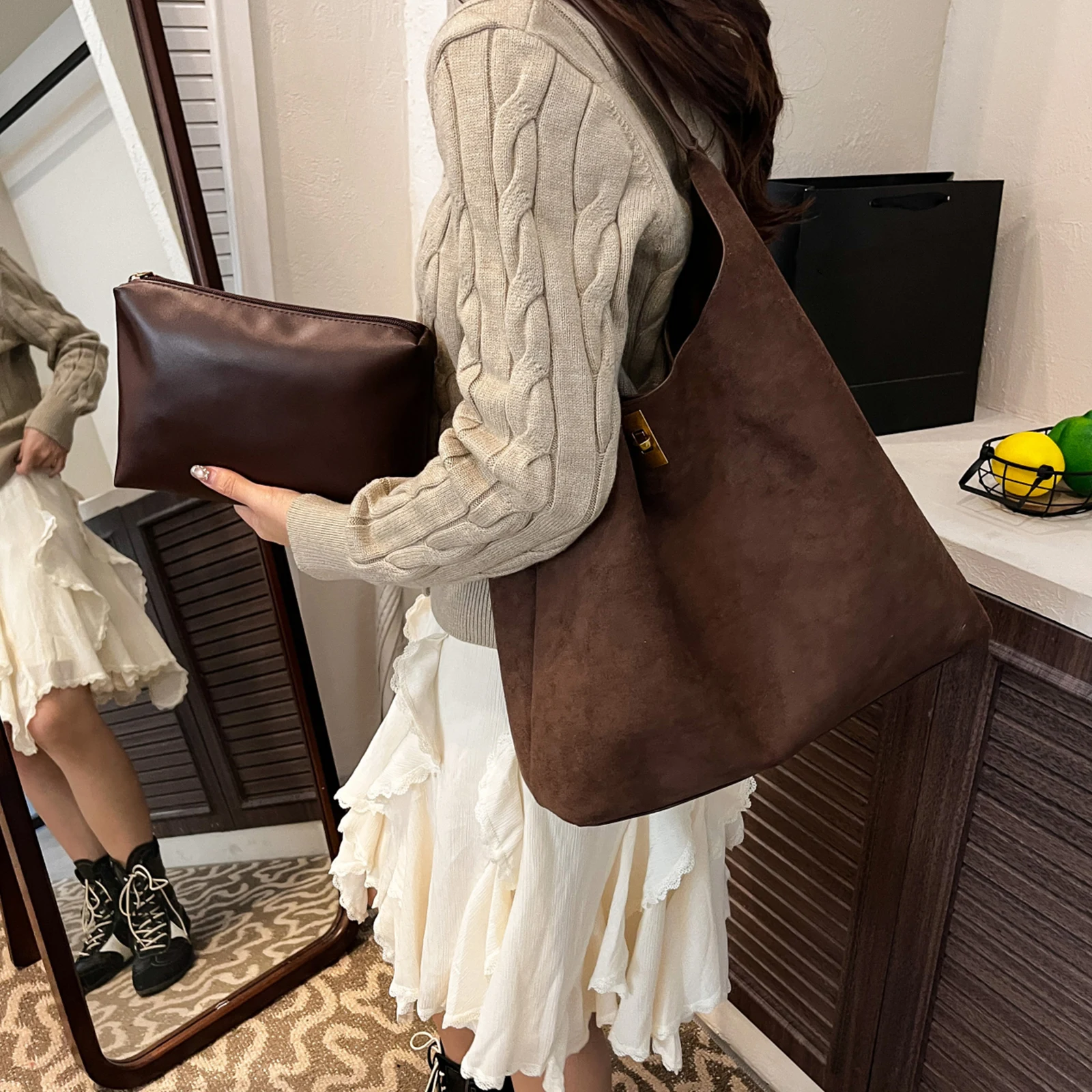 Women Faux Suede Shoulder Bag Handbag Top-Handle Bag Large Capacity for Travel Shopping Daily Use