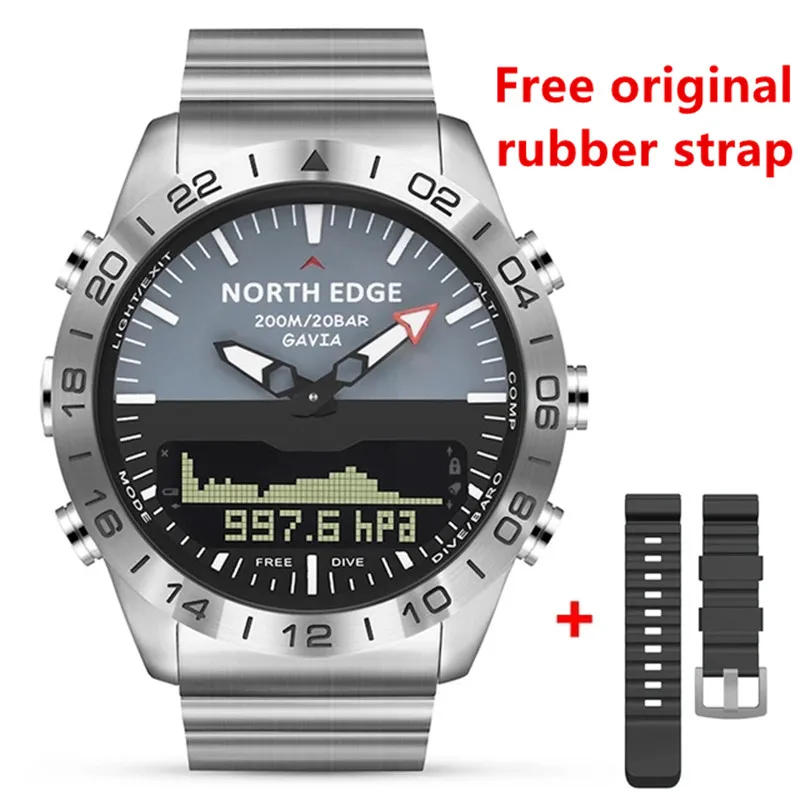 Men Dive Sports Digital watch Mens Watches Military Army Luxury Full Steel Business Waterproof 200m Altimeter Compass NORTH EDGE casio digital sports resin ремешок кварцевый dw 291hx 1a dw291hx 1 200m мужские часы