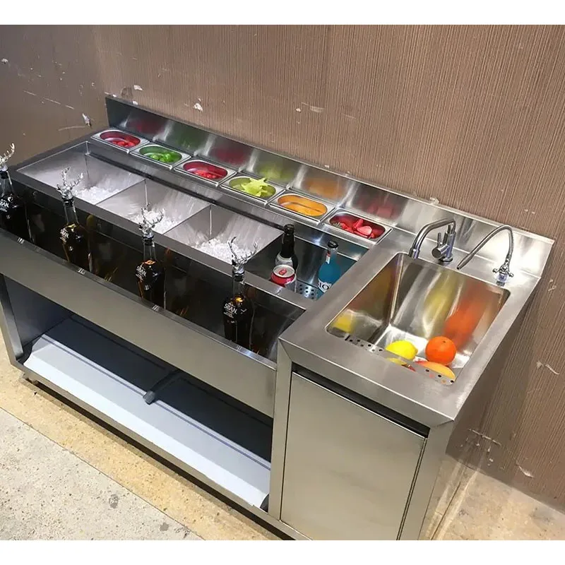 Commercial Cocktail Bar Station with Right Sink Ice Bin Speed Rail Food Pan For Bar Project