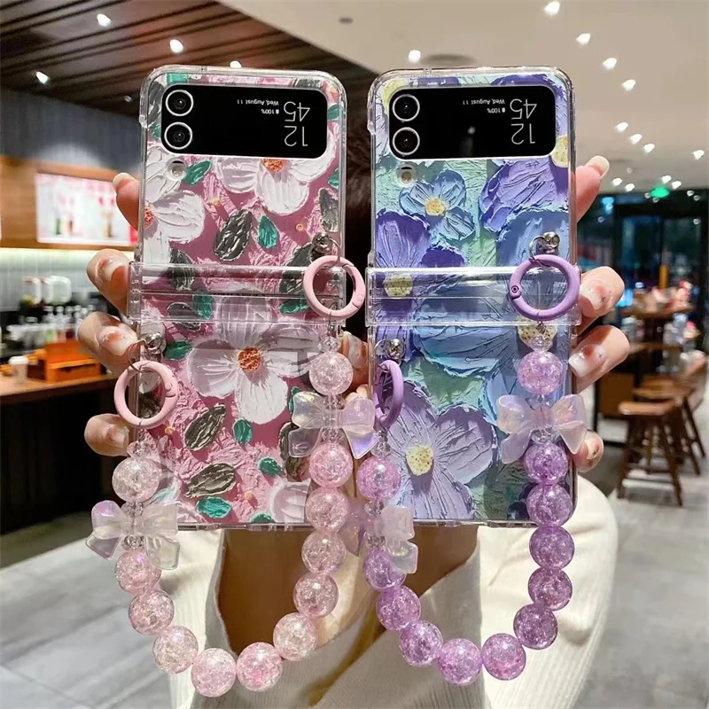Korean Camellia Phone Case For Samsung Galaxy Z Flip 4 3 Z Flip3 Flip4 5G Cover with Chain Fashion Clear Hinge Protective Cases