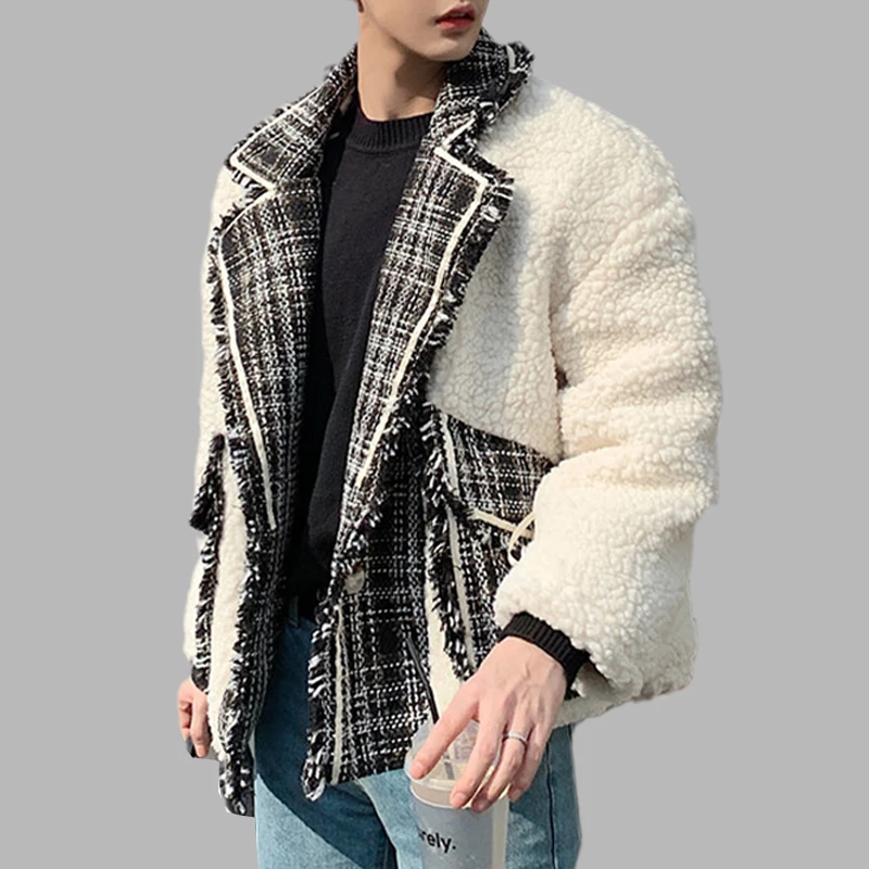 

New Men Cotton Jacket Patchwork Lamb Wool Thickened Coat Lapel Long Sleeve Streetwear Korean Loose Casual Winter Jackets For Men