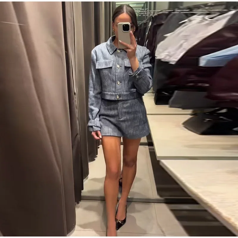 Damen Denim-Röcke Top-Anzug-Set Kurze Knopfjacke & Hochgeschnittener Minirock Lässiges Büro-Outfit Frühling Sommer Co-Ord – Detail 8