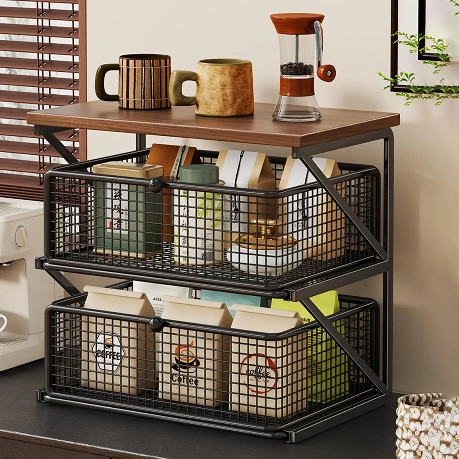 Kitchen Counter Shelf Organizer Ironwood Drawer Storage Rack Coffee Accessories Station for Room and Pantry Kitchen Counter Shelf Organizer Ironwood Drawer Storage Rack Coffee Accessories Station for Room and Pantry