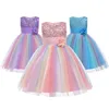 2-12 Years Girls Dress Sequin Mesh Bow Birthday Party Dance Costume Summer Little Princess Flower Christmas Dress Kids Clothing