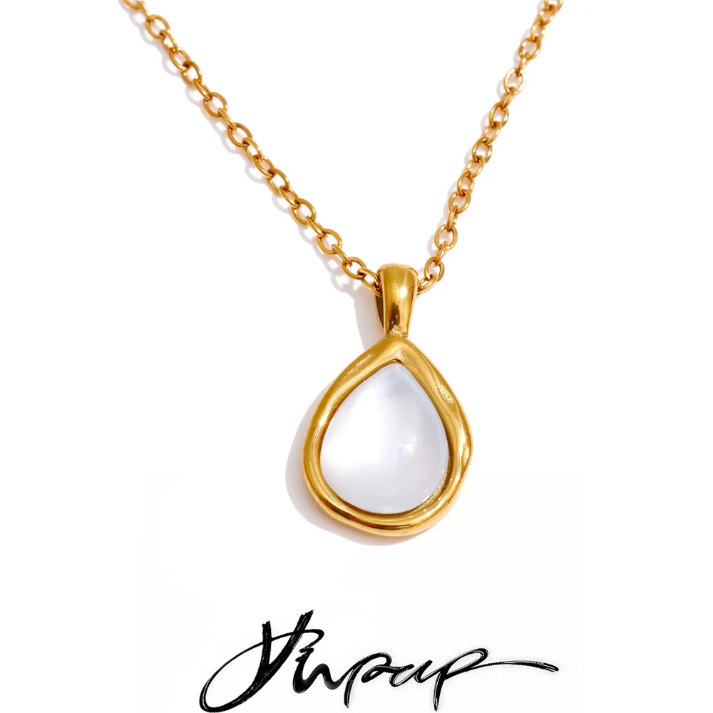 Yhpup 2025 Shell Teardrop Pendant Necklace Women Stainless Steel