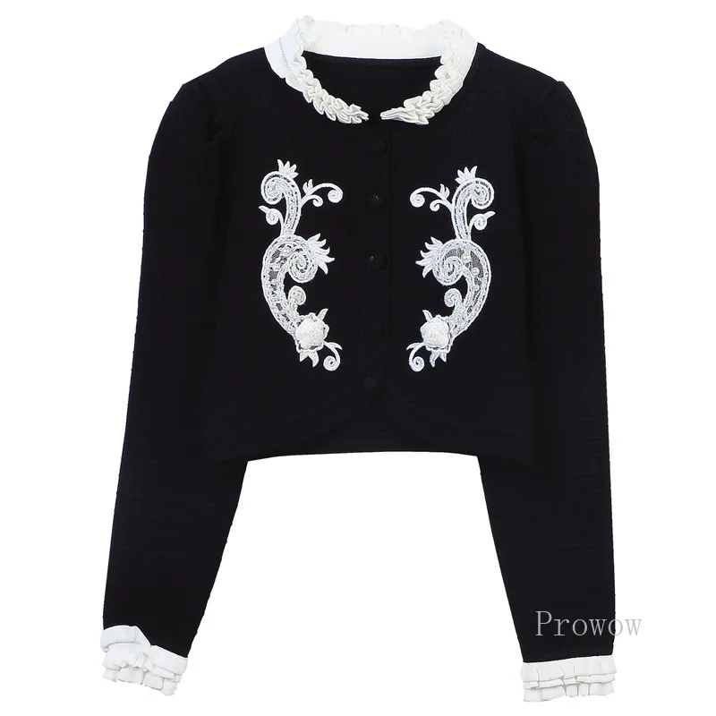 

Black Cardigan Women Cropped Sweater Coat Women 2023 Autumn Tops Beade Lace Appliques Long Sleeve Knitted Cardigan Jacket