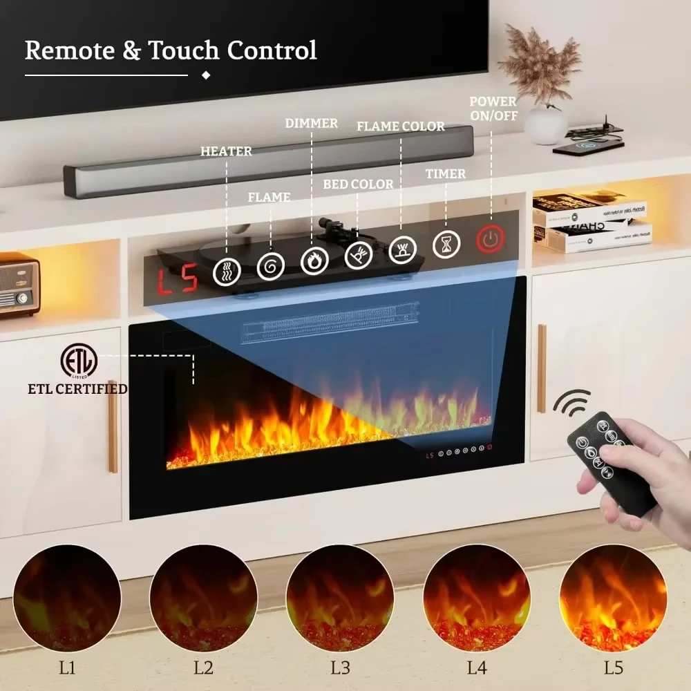 70''TV Stand with 36''Fireplace-LED Light Entertainment Center for 75+inch TV-White TV Cabinet,Modern TV Console for Living Room 2