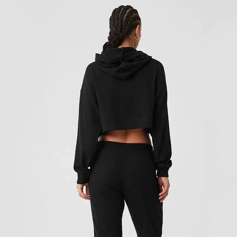 AL Black Yoga Set Muse Hoodie Muse Sweatpant Loose Comfortable Short Hooded Sweatshirt Women's Threaded Split Jogger Style Set 4