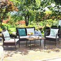 4 PCS Patio Rattan Furniture Set, Outdoor Conversation Set W/Cushions & Acacia Wood Coffee Tabletop, (1, Brown)