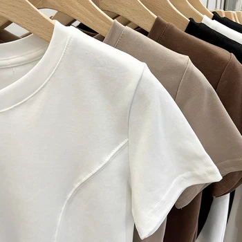 2025 الصلبة الأساسية قصيرة الأكمام المرأة التي شيرت عادية أسود أبيض قمة الموضة تي شيرت السيدات موضة الكورية تي شيرت الشارع الشهير 6