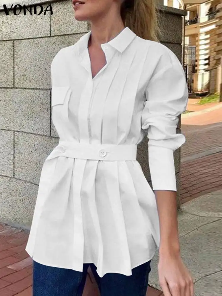 

VONDA женские топы, элегантные рубашки 2024, модная туника с длинным рукавом и поясом, плиссированная Повседневная Блузка на пуговицах, однотонные женские блузы