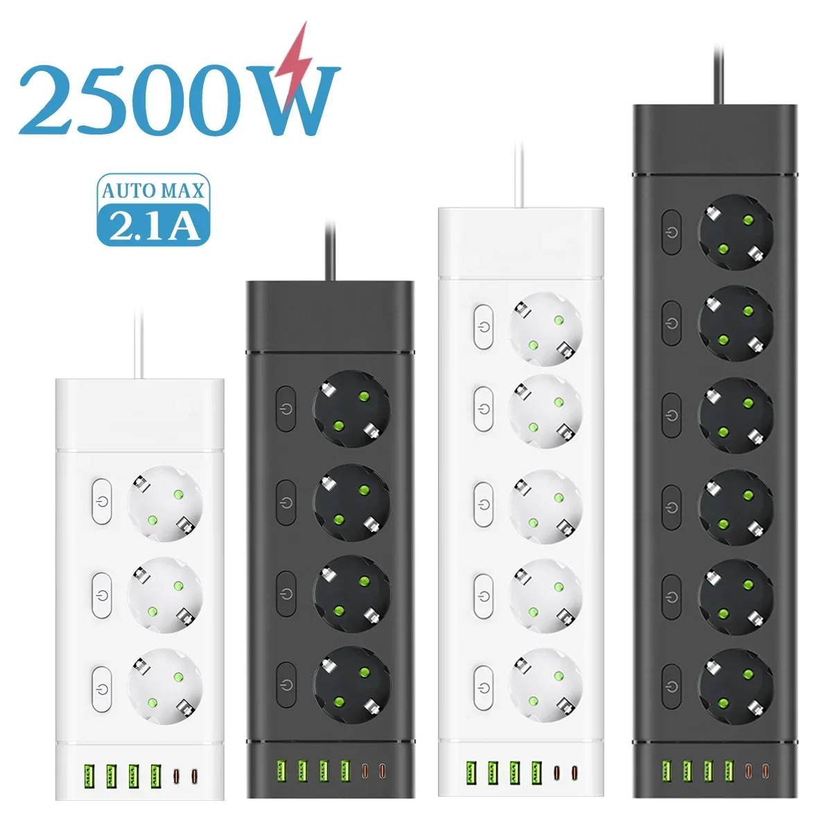 EU Plug Power Strip Multiple Independent Control Outlet Sockets 2m Extension Cord with 4 USB 2 Type-C Ports