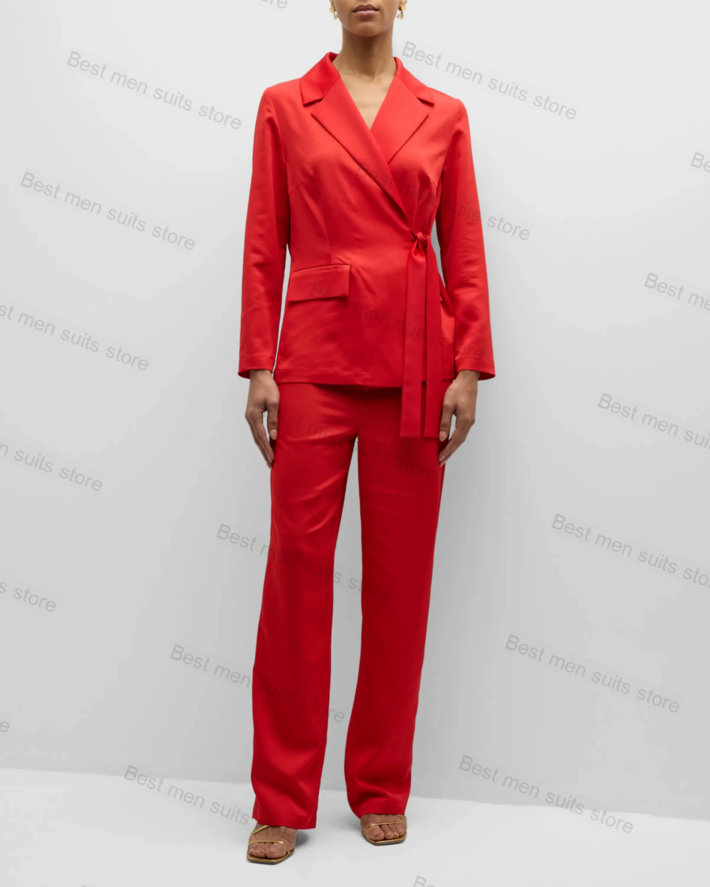 

Red Women Suit Set Blazer+Straight Pants 2 Piece With Belt Wedding Tuxedo Party Jacket Tailored Size Formal Office Lady Coat