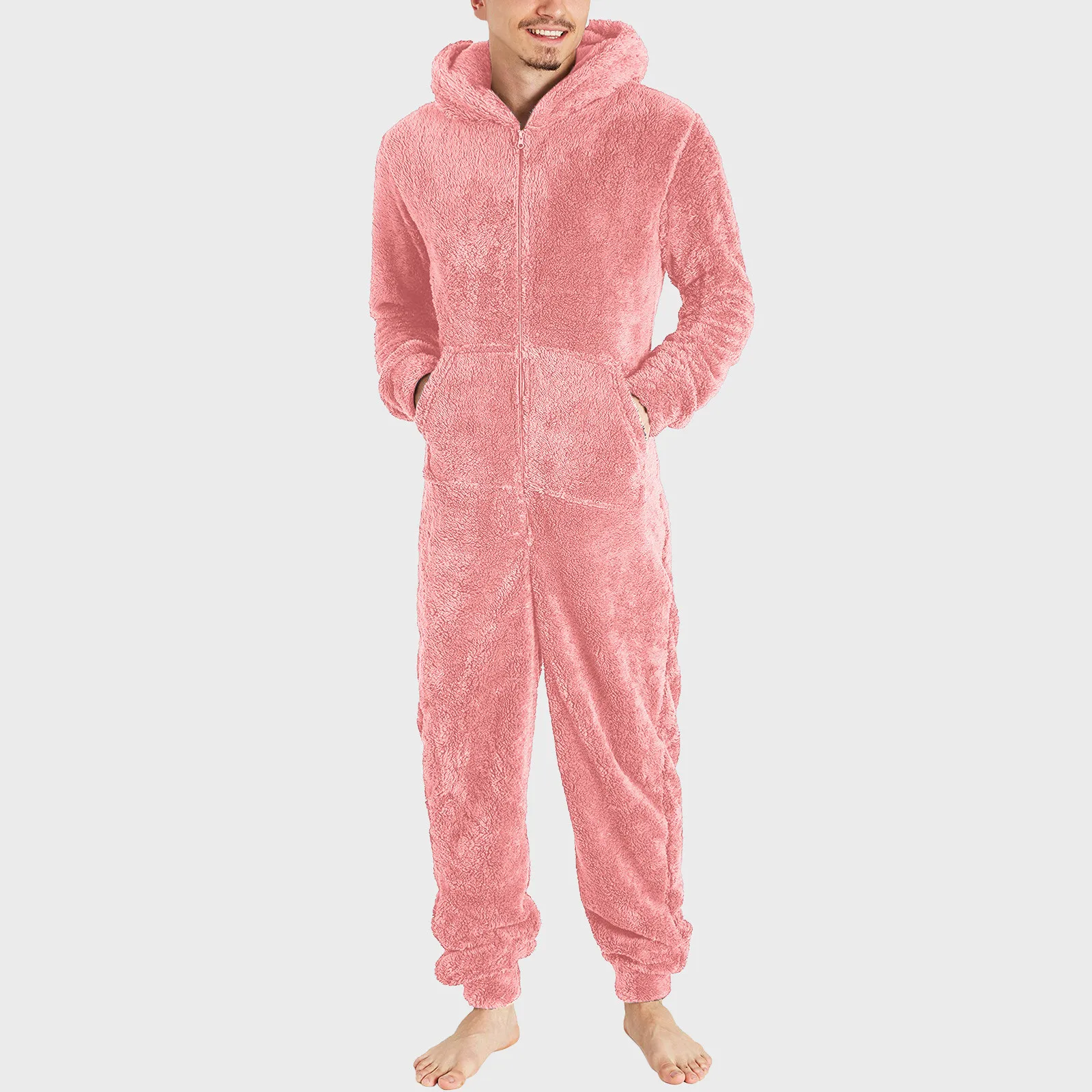 Men Artificial Wool Long Sleeve Casual Solid Color Zipper Loose Hooded Jumpsuit Pajamas Winter Warm Fleece Wear 1 Piece Suit men bodysuits men jumpsuits