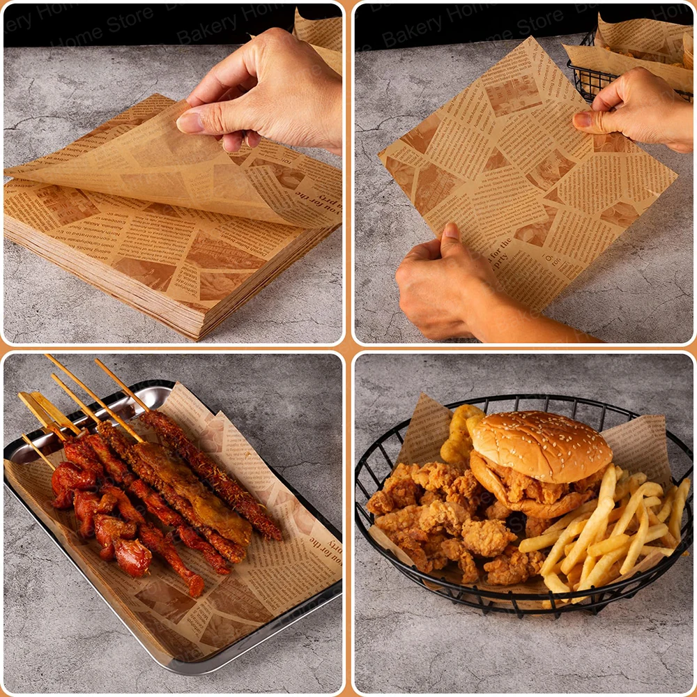 50PCS Square Disposable Deli Wax Paper Sheets for Food Basket Liners Old Newspaper Style Mat for Wrapping Breads Burgers French