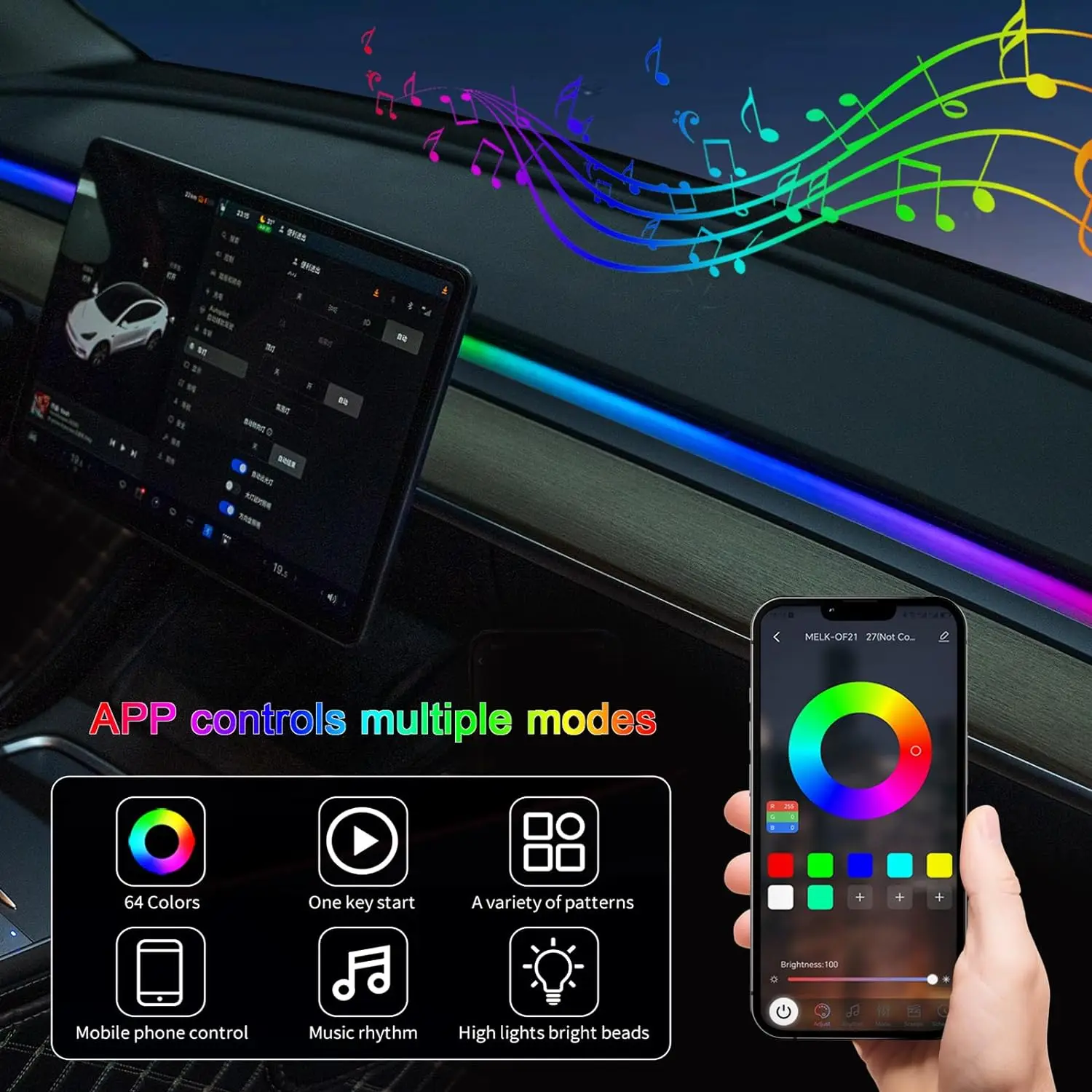 64Color RGB Ambient Light Kit For Tesla Model Y 3 Dashboard Car Center ...
