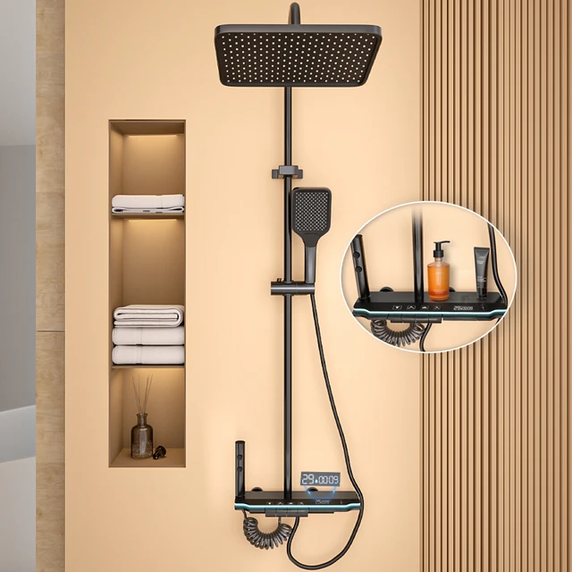 Bathroom Shower Multifunctional Pressurization Rain Faucets System Sets Digital Display Piano Button Ambient Light Shower Set 8