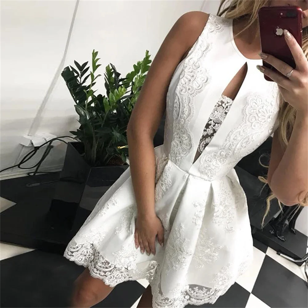 White Women Party Dresses 2023 New in Crew Neck Hollow Out Short Ball Gown Ladies Casual Elegant Lace Dresses