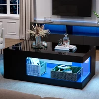 Table basse LED 50x100x35 cm pour salon, salle de séjour ou bureau ; table de canapé haute brillance avec étagères en verre en blanc/noir 5