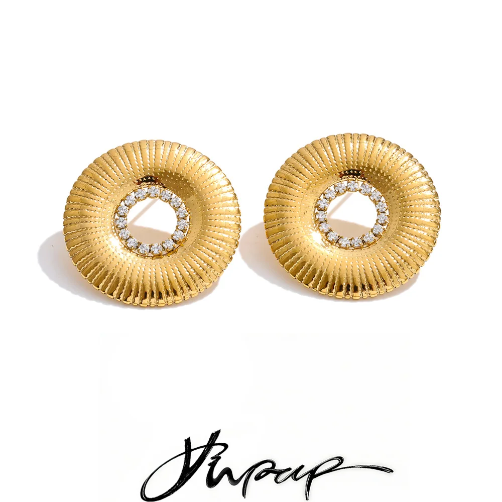 Yhpup 25mm Round Stud Earrings Stainless Steel Zirconia
