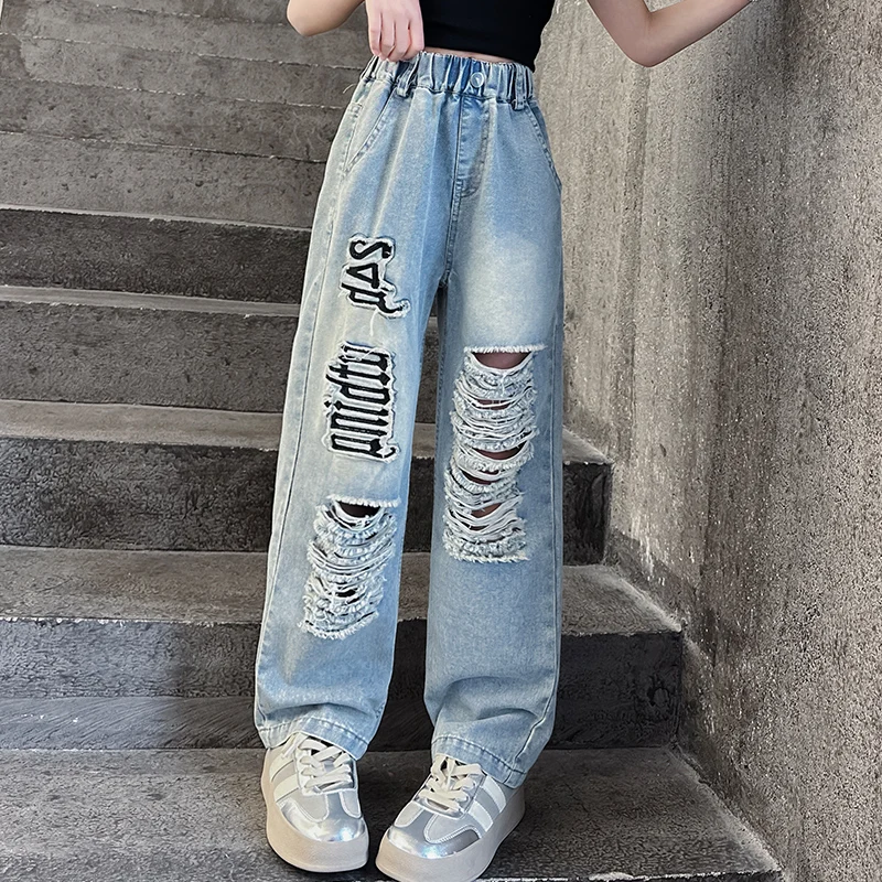 

New Childrens Pants Summer Girls' Letter Embroidered Perforated Jeans Princess Personalized Fashion Versatile Straight leg Pants