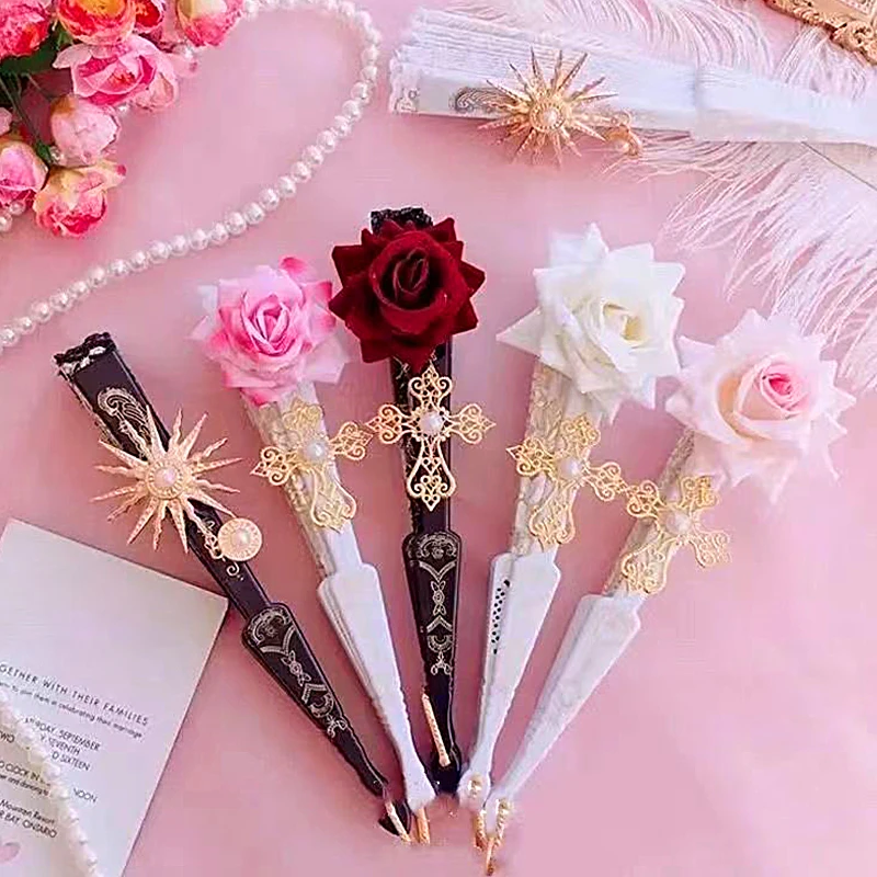 

Lace Folding Fan with 3D Rose Prarl Metal Decoration Wedding Dance Props Gorgeous European Style Show Dark Retro Lolita Court