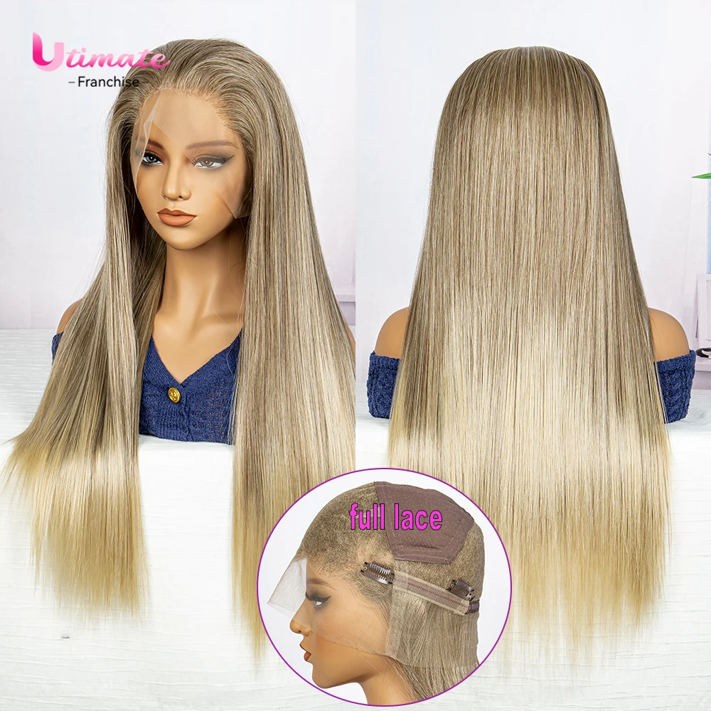 Grey Wigs Straight Synthetic 360 Lace 30 Inches Ombre Brown Heat Resistance Fiber Pre Plucked Swiss Lace Straight Frontal