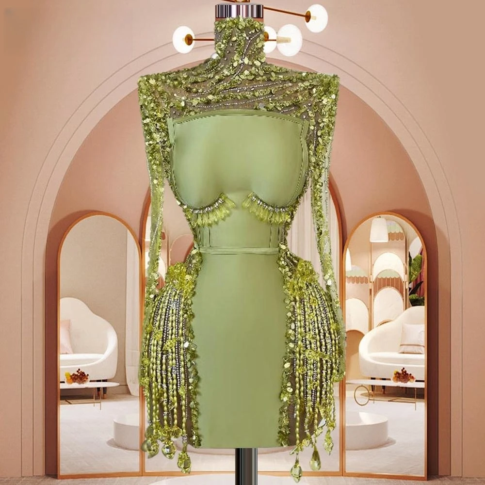 Green Cocktail Dresses Sheath Long Sleeves Short Mini Sequins Pearls Homecoming Dresses Haute Couture Customized