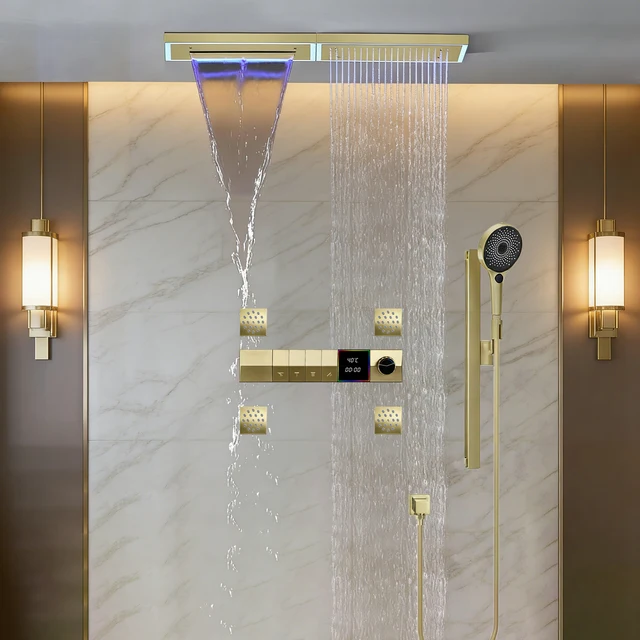 ชุดฝักบัวอัจฉริยะ Qlonn พร้อมไฟ LED ฝักบัวแบบเรนชาวเวอร์/วอเตอร์ฟอลล์ ระบบก๊อกน้ำในห้องน้ำ จอแสดงผลดิจิตอลอัจฉริยะ เครื่องผสมอุณหภูมิแบบเทอร์โมสตัท 1