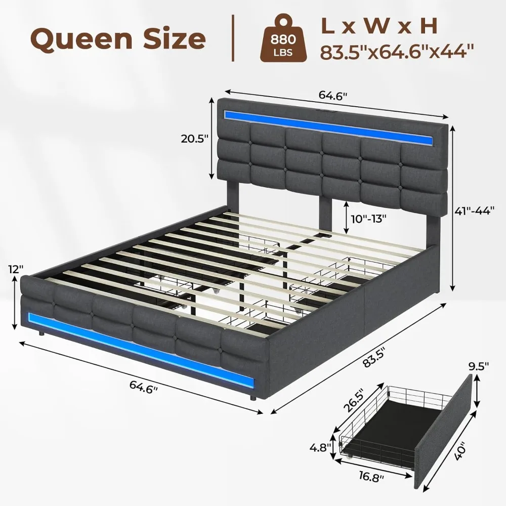 LED Bed Frame w 4 Drawers and 2 USB Charging Station Upholstered Platform Queen Size Bed Frame w LED Lights Headboard Footboard bed frame