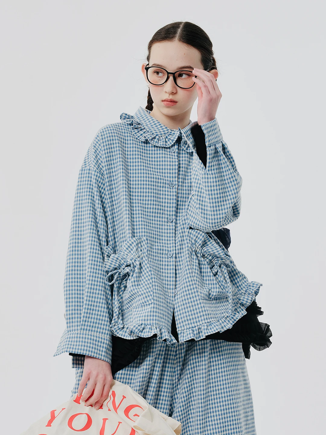 IMAKOKONI original design cardigan plaid long-sleeved lapel shirt lace splicing top 244521