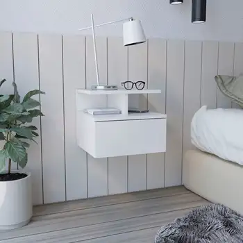 Adele Floating Nightstand with Drawer and Open Storage Shelves White 1 Adele Floating Nightstand with Drawer and Open Storage Shelves White 1