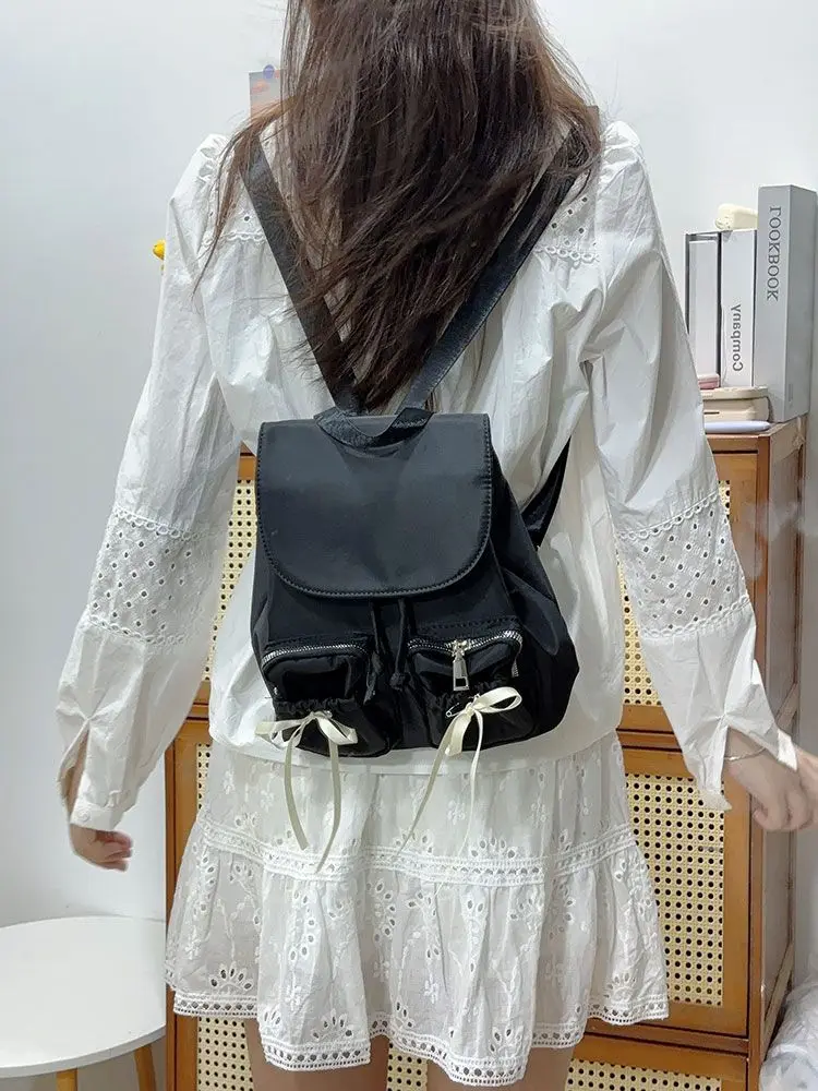 Pocket Bow 2024 Preppy Style Nylon Drawstring Fashion Trendy Handbag Backpack Casual Versatile Backpack Y2k Schoolbag
