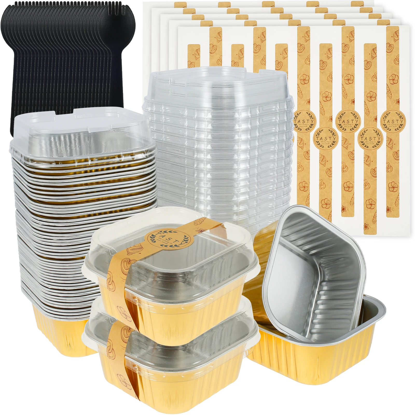 Cake Baking Pans 50Pcs Aluminum Foil Cupcake Reusable Round Tin Cup Pudding Cake Mold with Lid