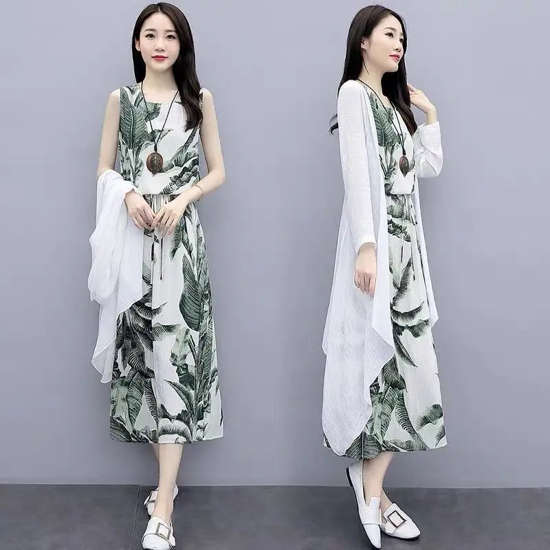 

Fashion O-Neck Printed Bandage Elegant Sleeveless Dress Women's Clothing 2024 Summer New Loose Office Lady Floral Dress
